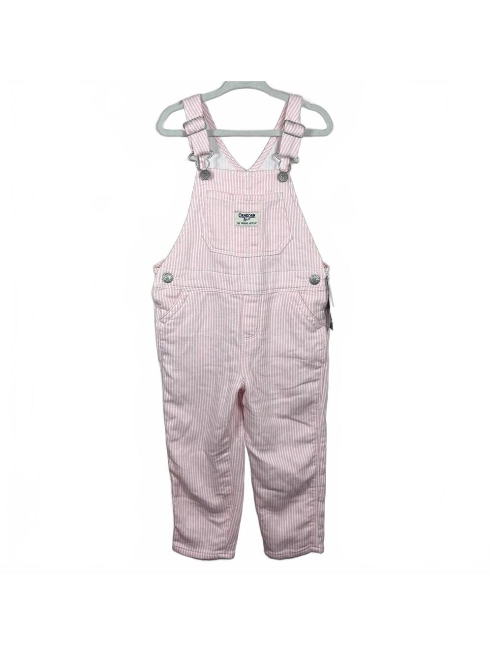 OshKosh B’gosh Girls 3T Pink White Hickory Stripe Vestbak Overalls NWT